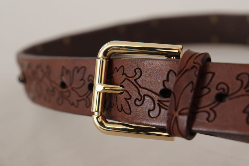 Dolce & Gabbana Brown Leather Floral Studded Metal Buckle Belt - Maison Luxe
