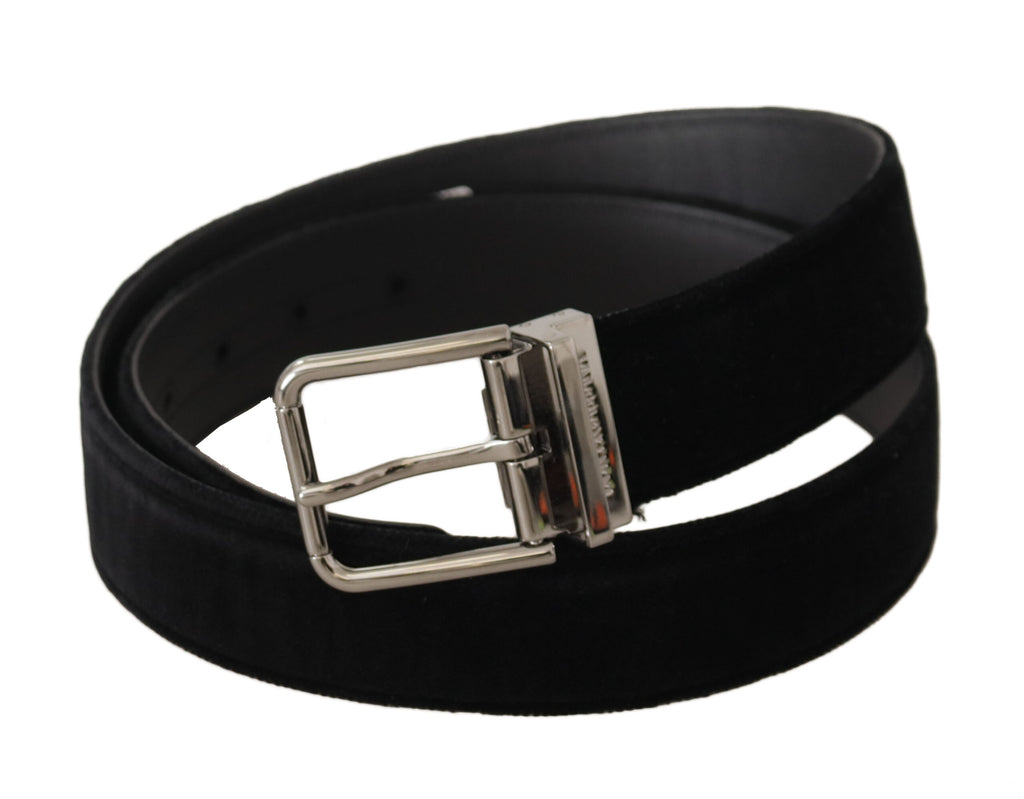 Dolce & Gabbana Black Velvet Silver Logo Engraved Metal Buckle Belt - Maison Luxe