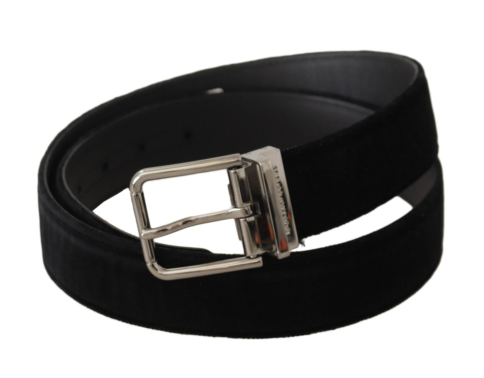 Dolce & Gabbana Black Velvet Silver Logo Engraved Metal Buckle Belt - Maison Luxe