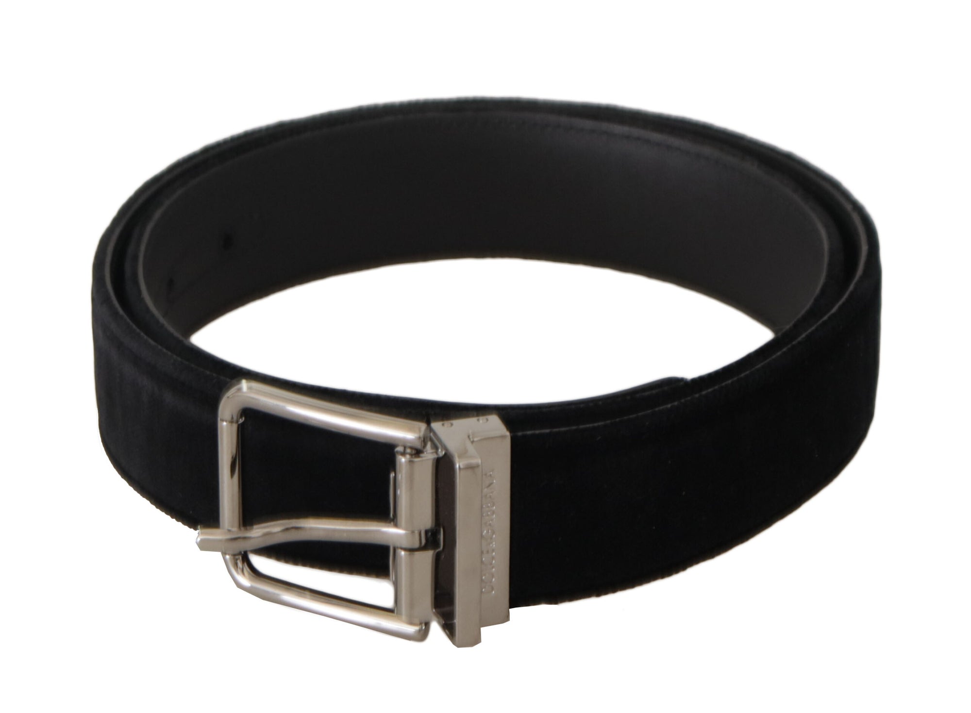 Dolce & Gabbana Black Velvet Silver Logo Engraved Metal Buckle Belt - Maison Luxe