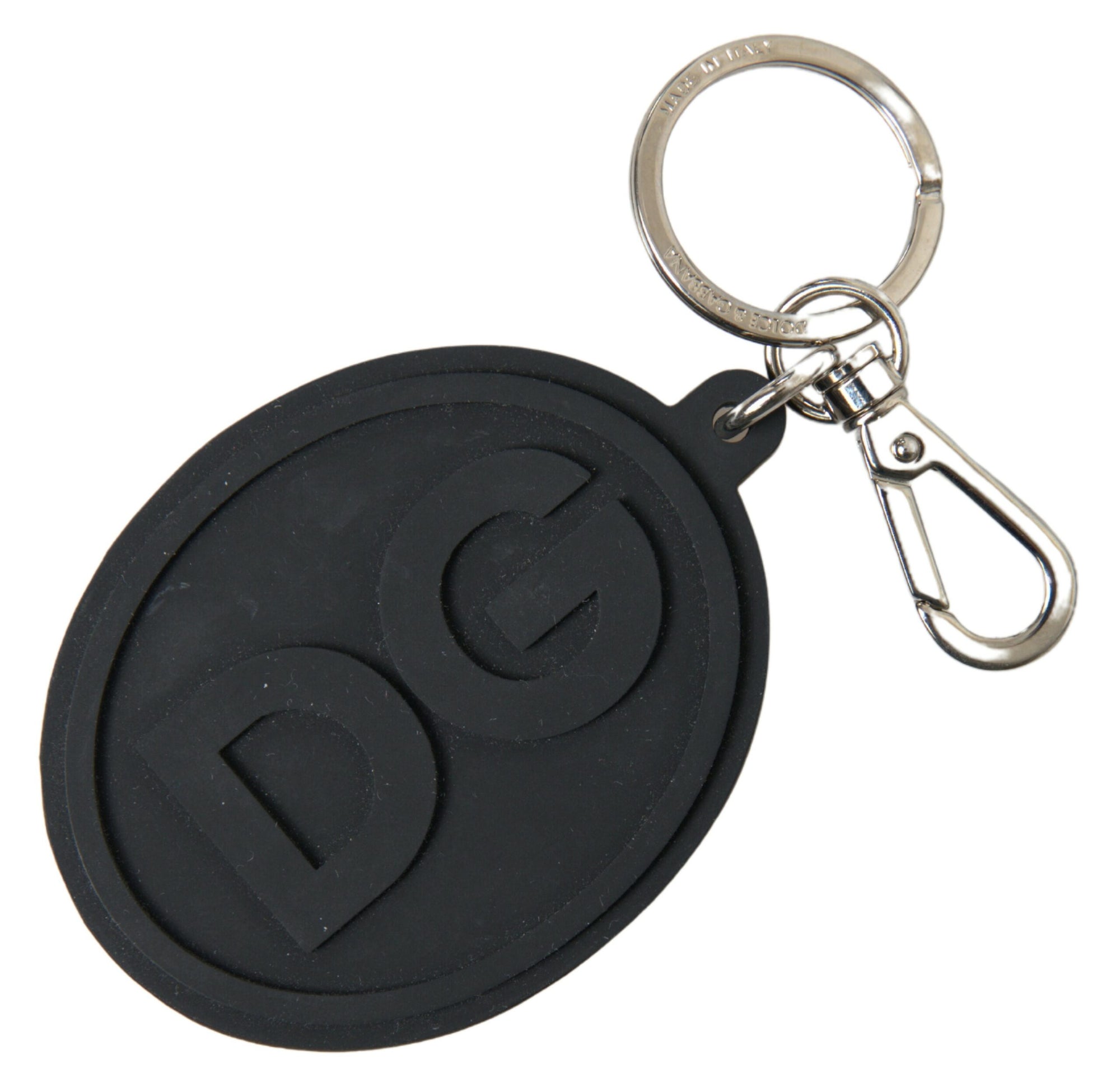 Dolce & Gabbana Black Rubber DG Logo Silver Brass Metal Keychain - Maison Luxe