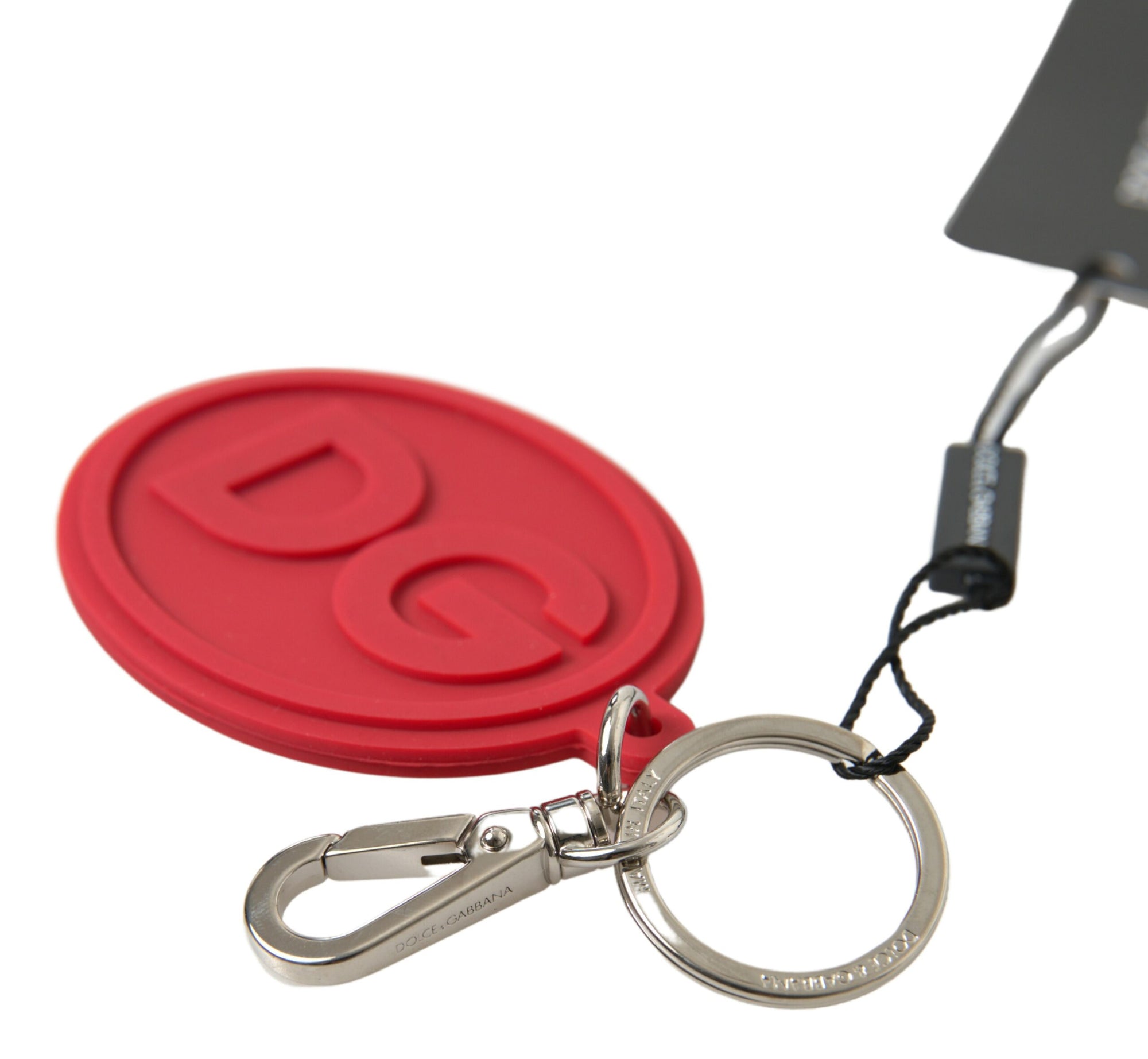 Dolce & Gabbana Red Rubber DG Logo Silver Brass Metal Keyring Keychain - Maison Luxe