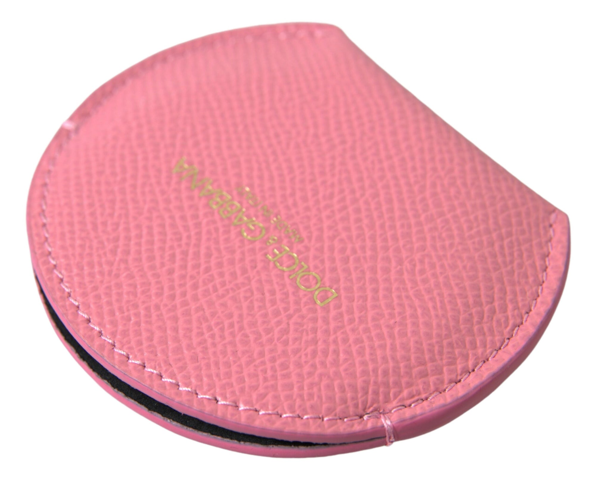 Dolce & Gabbana Pink Calfskin Leather Round Logo Print Hand Mirror Holder - Maison Luxe