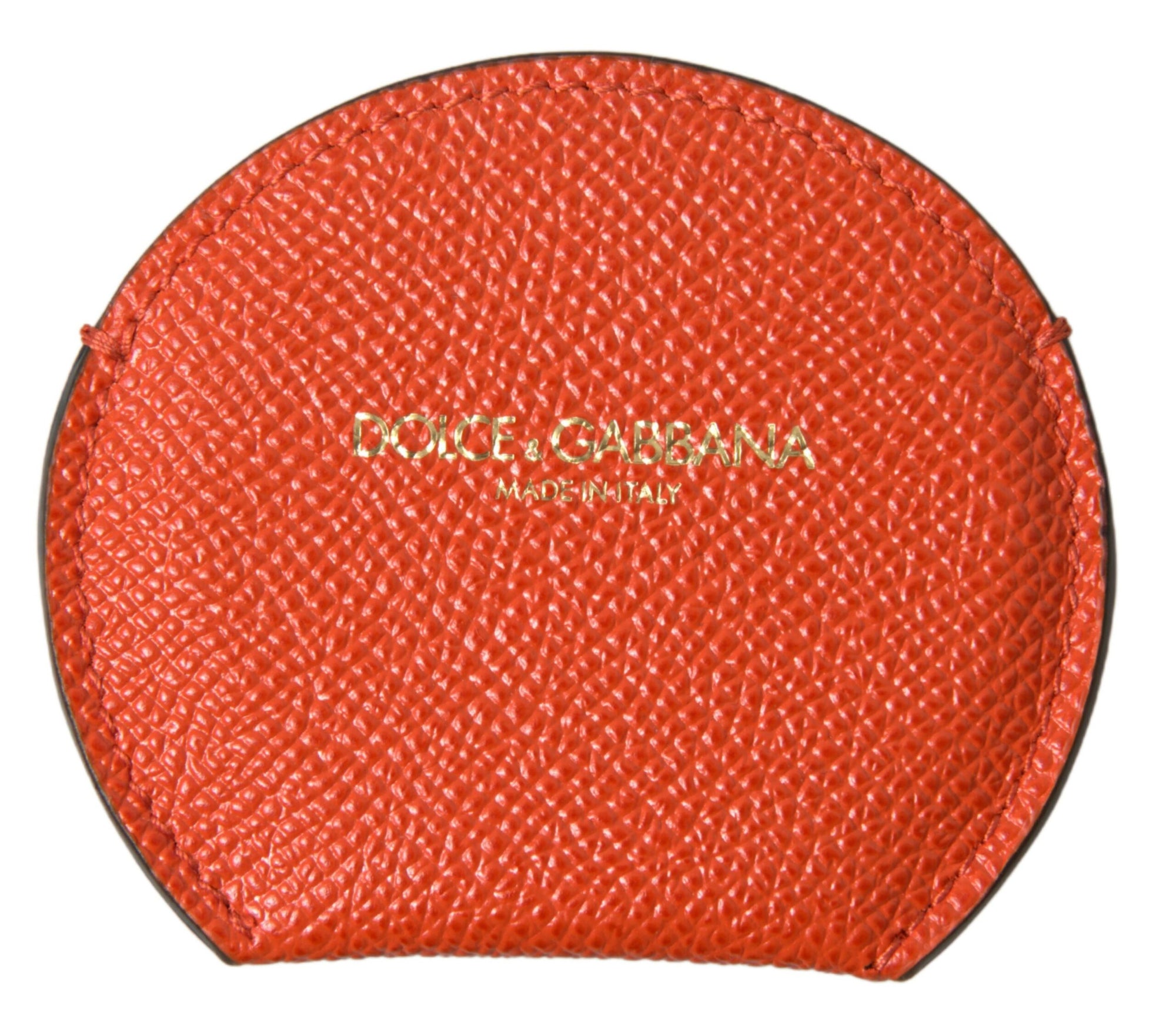Dolce & Gabbana Orange Calfskin Leather Round Logo Hand Mirror Holder - Maison Luxe
