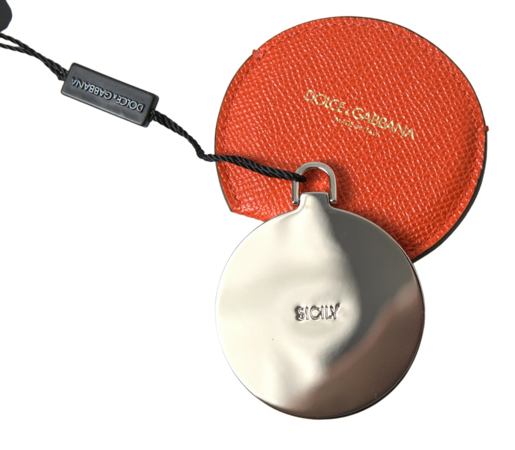Dolce & Gabbana Orange Calfskin Leather Round Logo Hand Mirror Holder - Maison Luxe