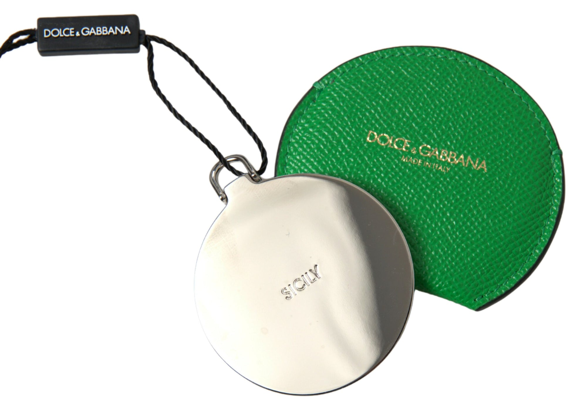 Dolce & Gabbana Green Calfskin Leather Round Logo Hand Mirror Holder - Maison Luxe