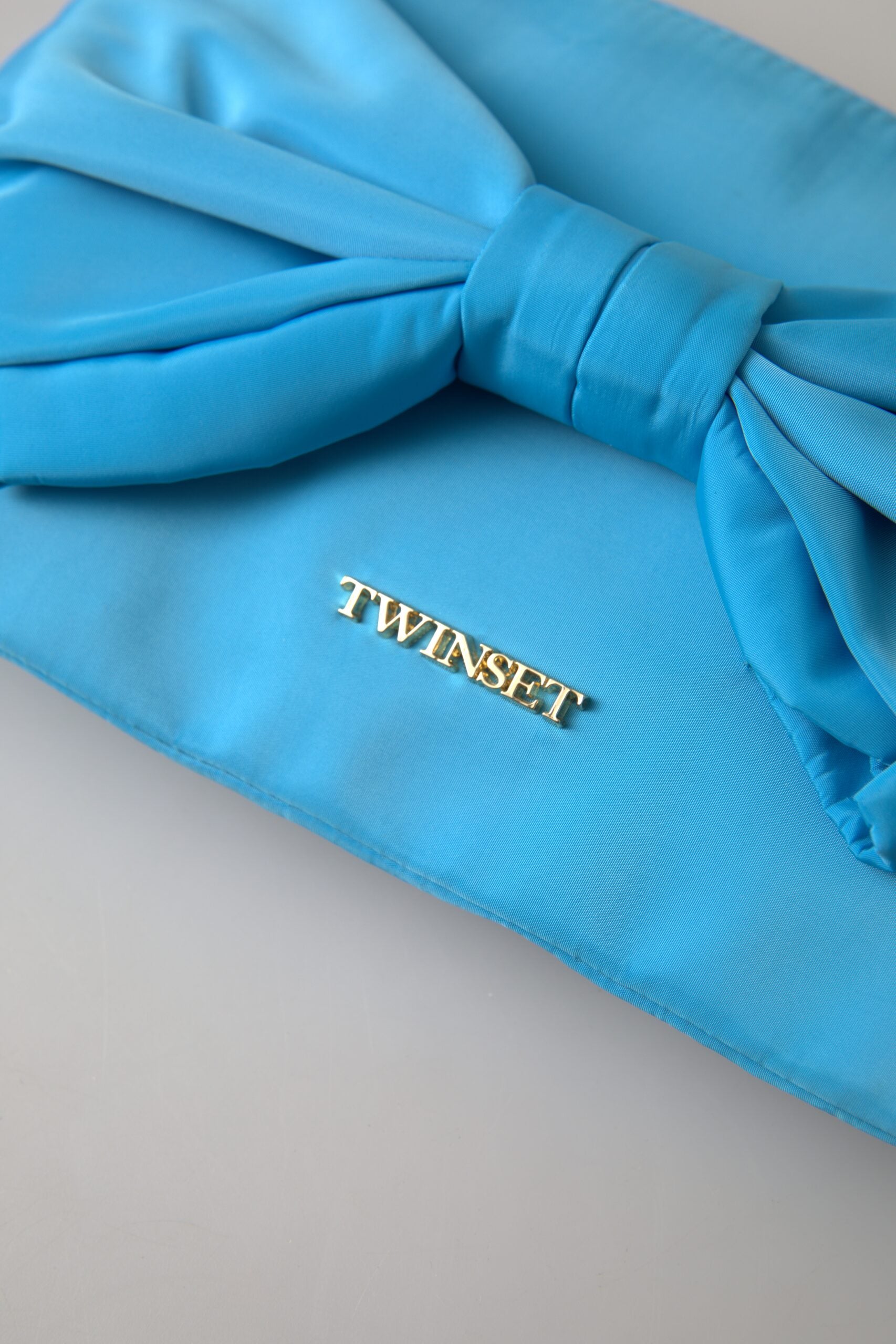 Twinset Blue Tafta Silk Large Bow Zipper Clutch Women Borse Logo Bag