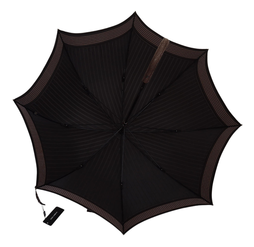 Dolce & Gabbana Brown Striped Leather Handle Collapsible Sartoria Umbrella - Maison Luxe
