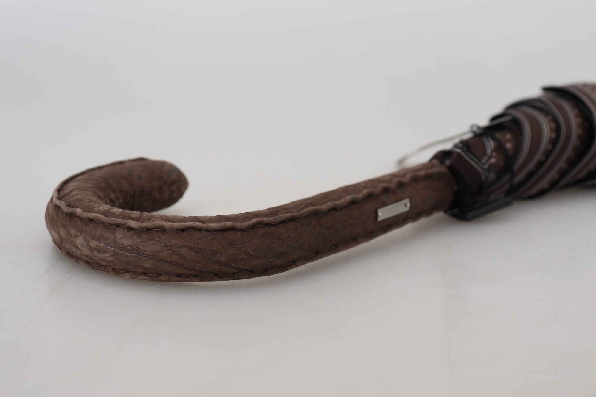 Dolce & Gabbana Brown Striped Leather Handle Collapsible Sartoria Umbrella - Maison Luxe