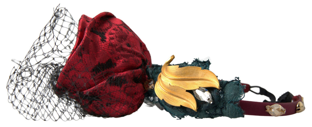 Dolce & Gabbana Red with multicolor Rose Silk Crystal Netted Logo Diadem Headband - Maison Luxe