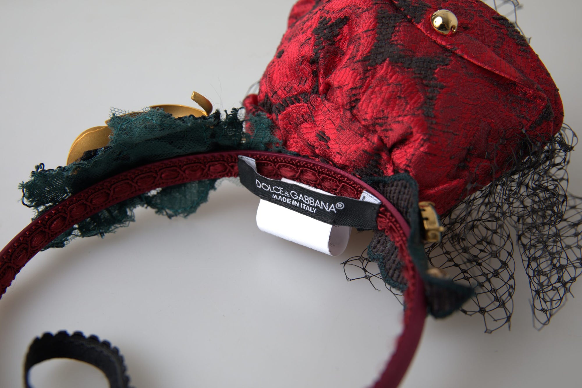 Dolce & Gabbana Red with multicolor Rose Silk Crystal Netted Logo Diadem Headband - Maison Luxe