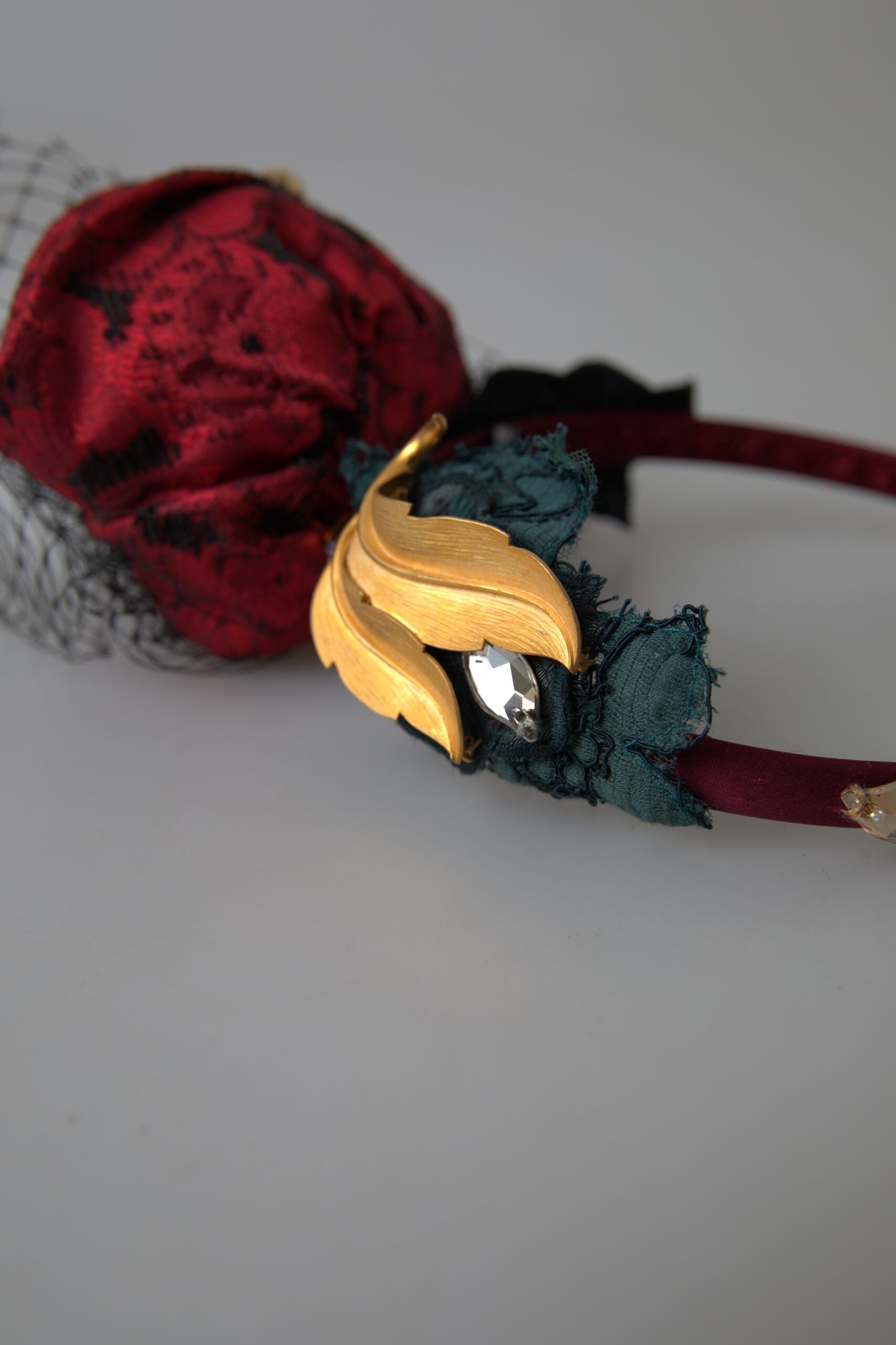 Dolce & Gabbana Red with multicolor Rose Silk Crystal Netted Logo Diadem Headband - Maison Luxe