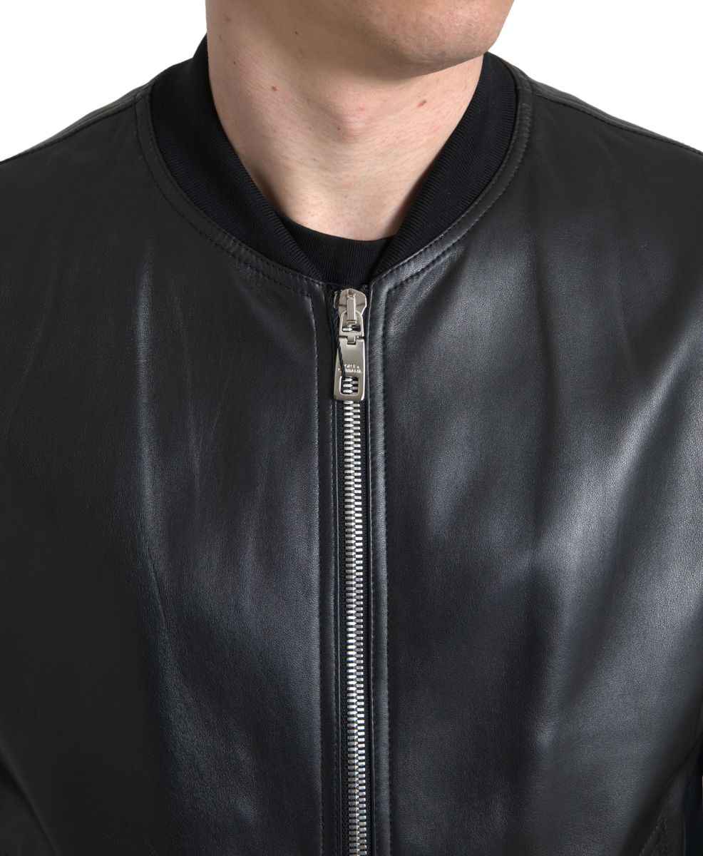 Dolce & Gabbana Black Leather Full Zip Bomber Men Jacket