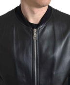 Dolce & Gabbana Black Leather Full Zip Bomber Men Jacket