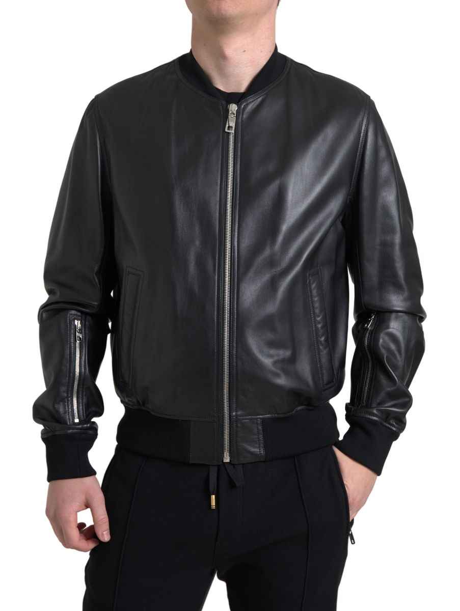 Dolce & Gabbana Black Leather Full Zip Bomber Men Jacket