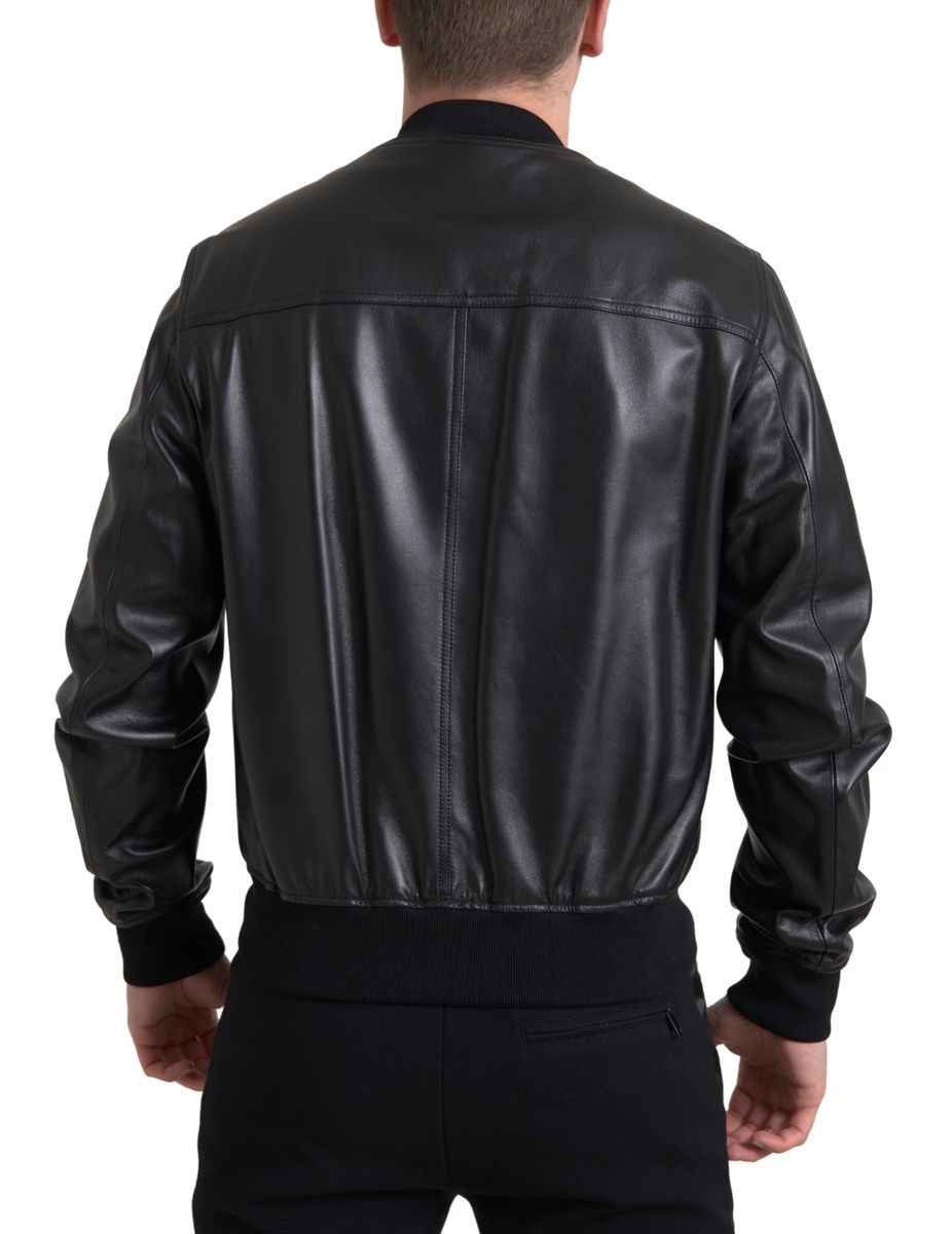 Dolce & Gabbana Black Leather Full Zip Bomber Men Jacket