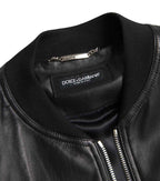 Dolce & Gabbana Black Leather Full Zip Bomber Men Jacket