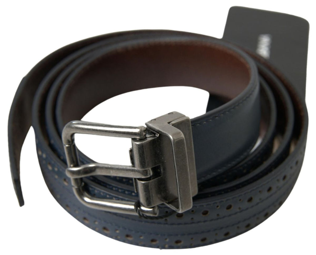 Dolce & Gabbana Blue Leather Perforated Metal Buckle Belt - Maison Luxe