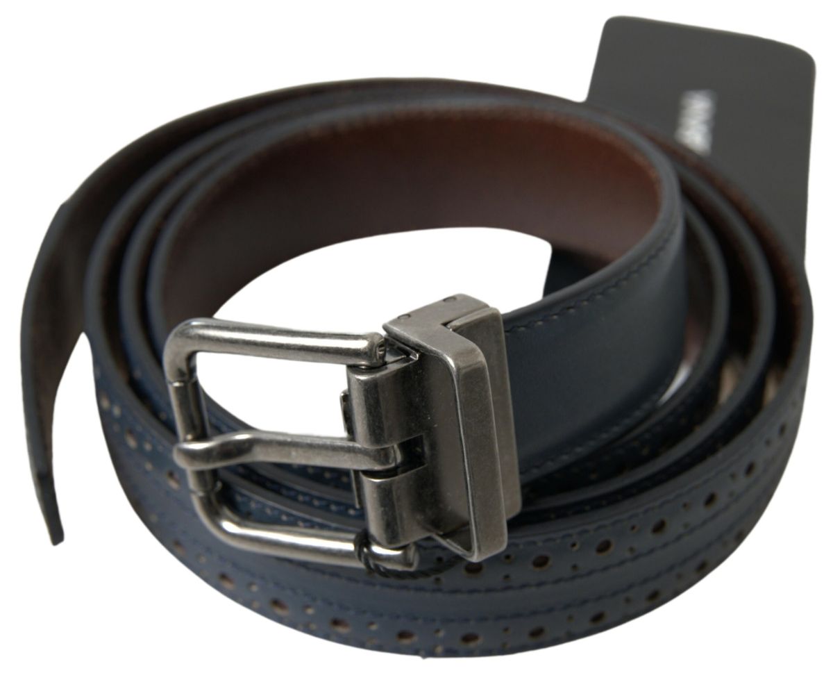 Dolce & Gabbana Blue Leather Perforated Metal Buckle Belt - Maison Luxe