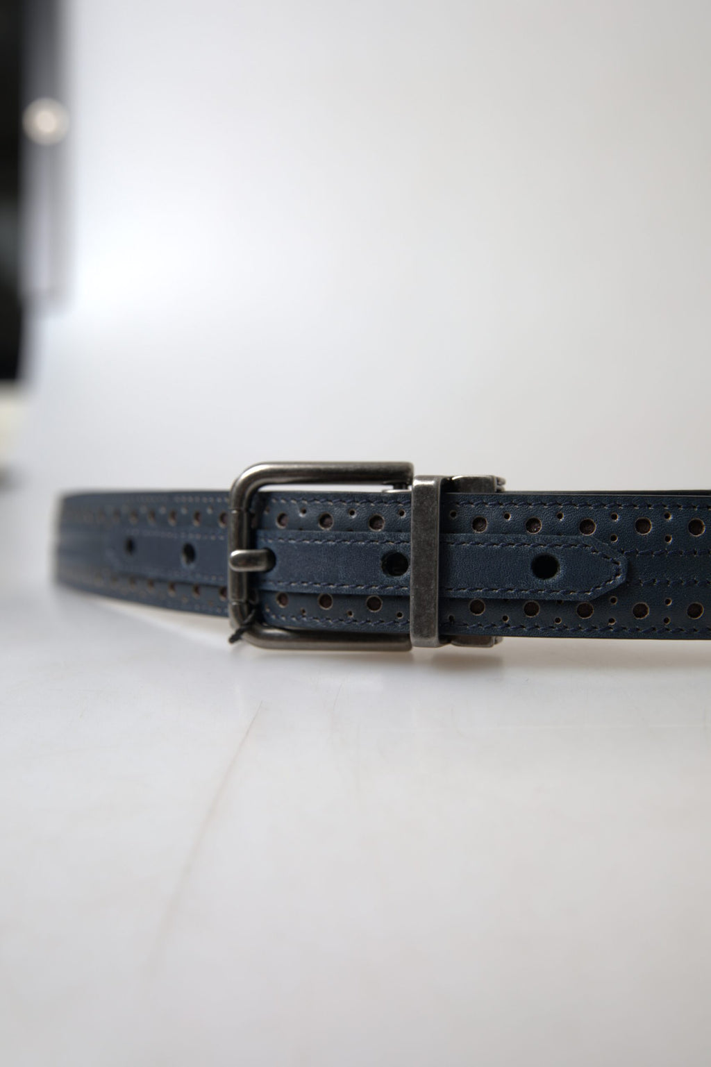 Dolce & Gabbana Blue Leather Perforated Metal Buckle Belt - Maison Luxe
