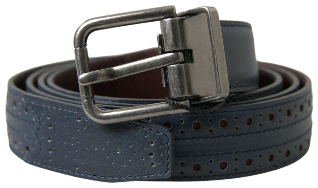Dolce & Gabbana Blue Leather Perforated Metal Buckle Belt - Maison Luxe