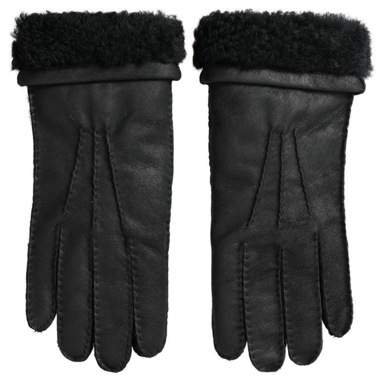 Dolce & Gabbana Black Leather Fur Short Hands Mitten Men Gloves - Maison Luxe