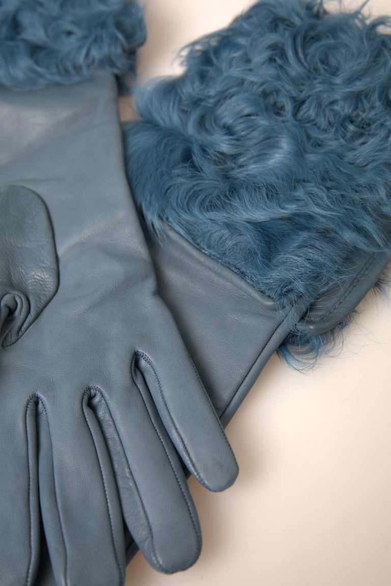 Dolce & Gabbana Blue Leather Fur Mid Arm Length Gloves - Maison Luxe