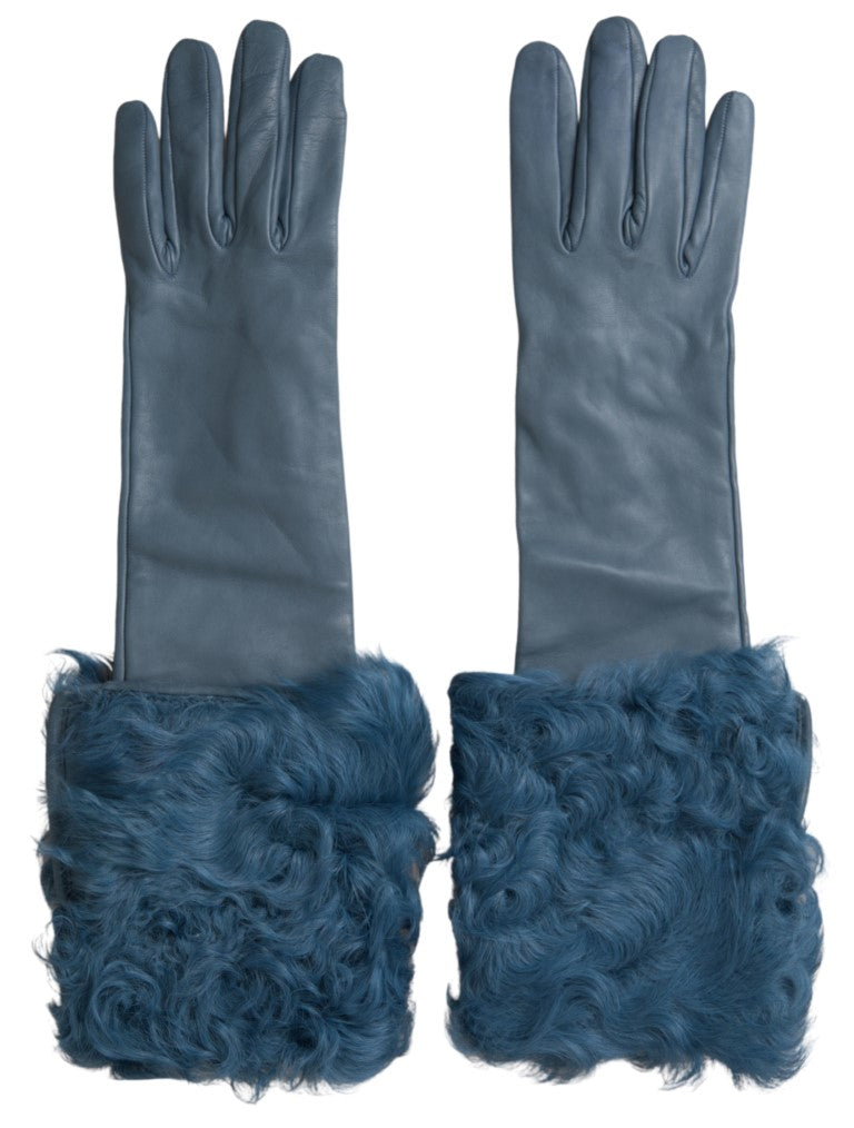 Dolce & Gabbana Blue Leather Fur Mid Arm Length Gloves - Maison Luxe