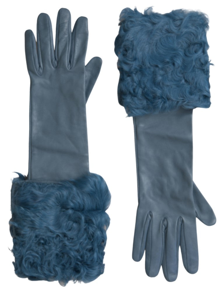 Dolce & Gabbana Blue Leather Fur Mid Arm Length Gloves - Maison Luxe