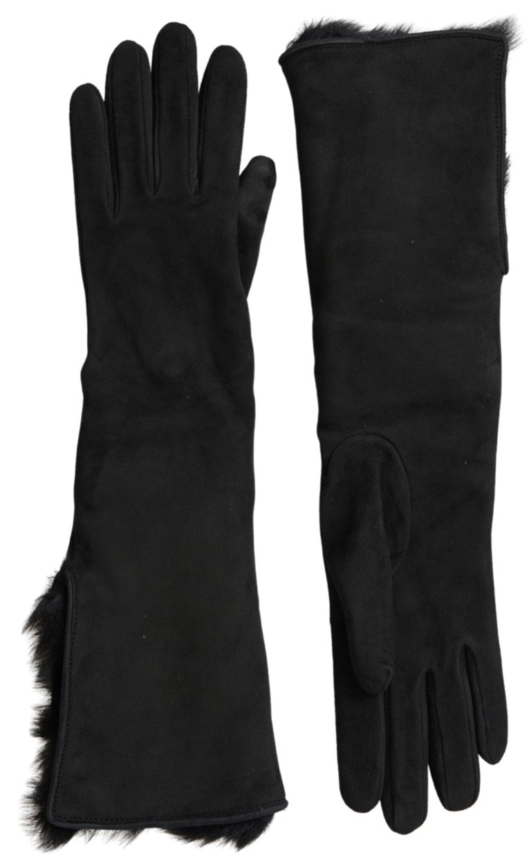 Dolce & Gabbana Black Leather Fur Elbow Length Gloves - Maison Luxe