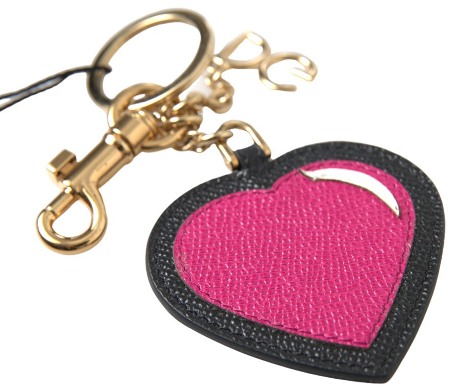 Dolce & Gabbana Black Fuchsia Heart Leather Gold Metal Keyring Keychain - Maison Luxe