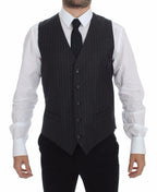 Dolce & Gabbana Gray Striped Wool Logo Vest Gilet Weste
