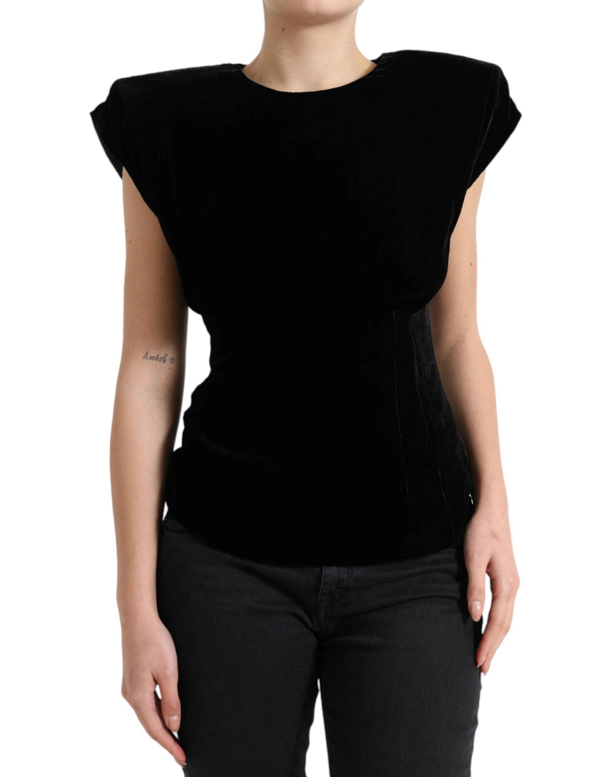 Dolce & Gabbana Black Velvet Fitted Padded Shoulder Blouse Top