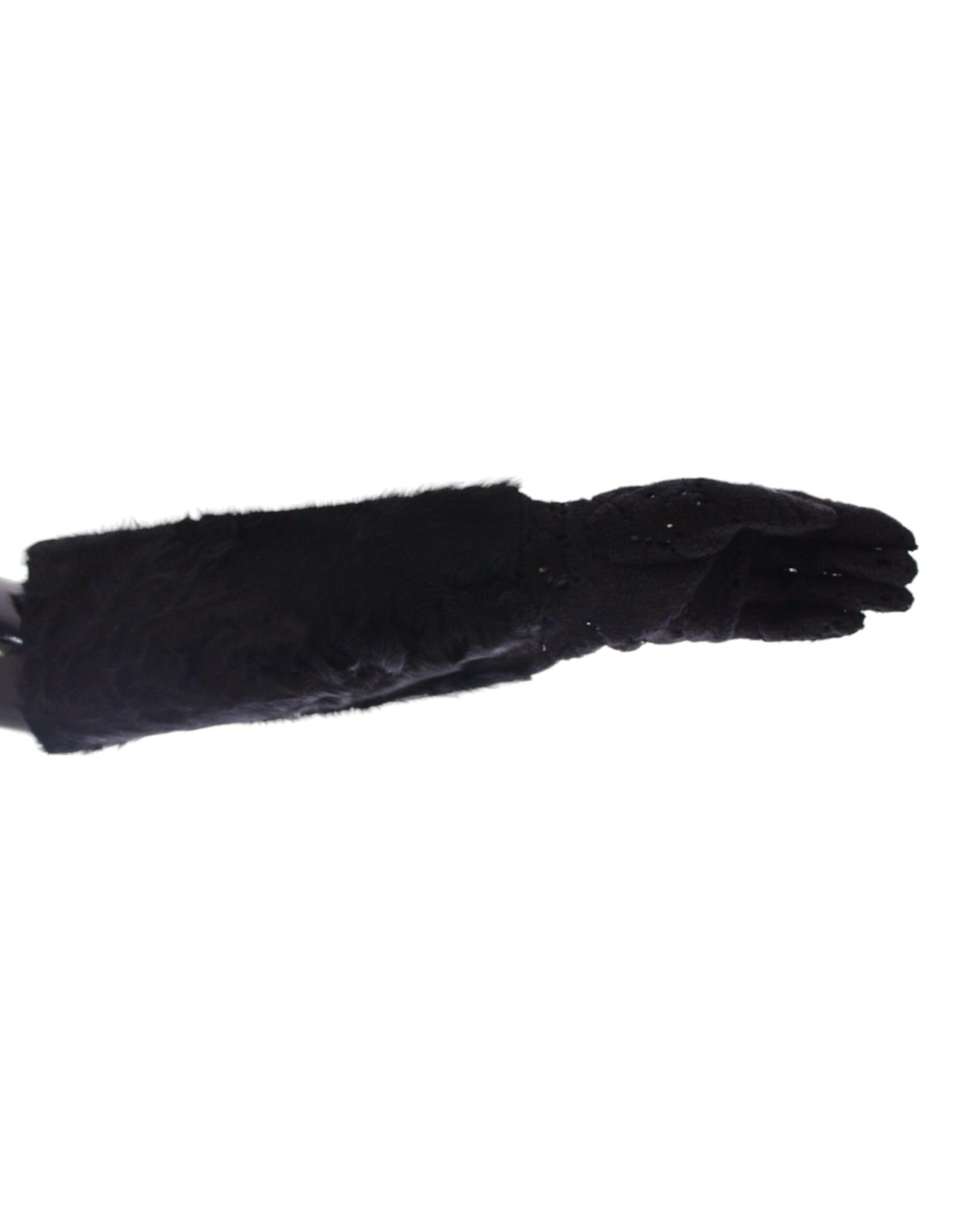 Dolce & Gabbana Black Lace Wool Lambskin Fur Elbow Gloves - Maison Luxe