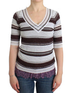 Ermanno Scervino Striped Lace V-Neck Short Sleeve Top Sweater