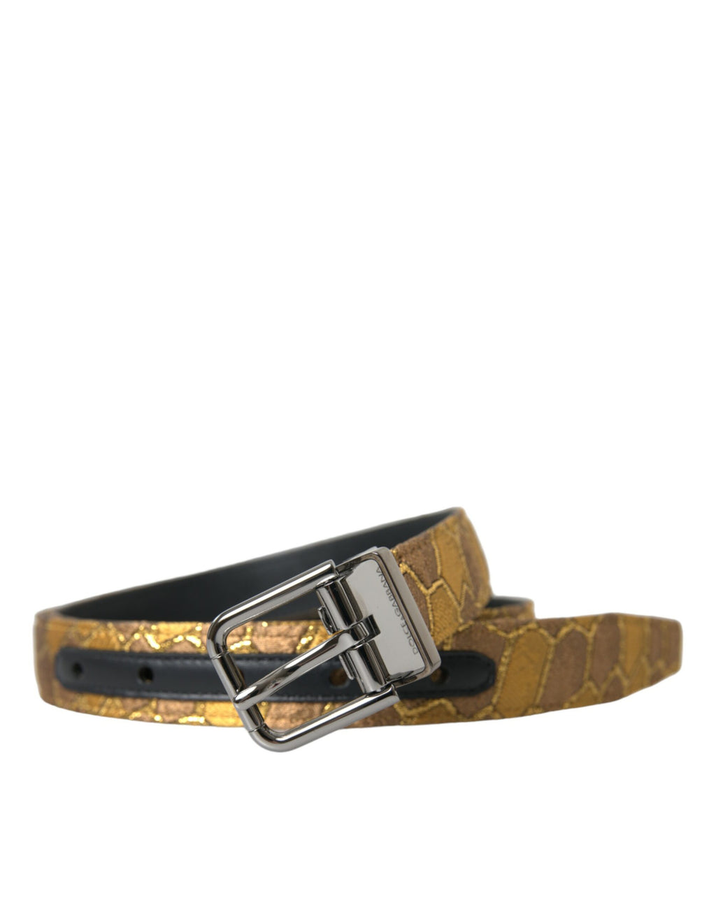 Dolce & Gabbana Gold Leather Jacquard Silver Metal Buckle Belt - Maison Luxe