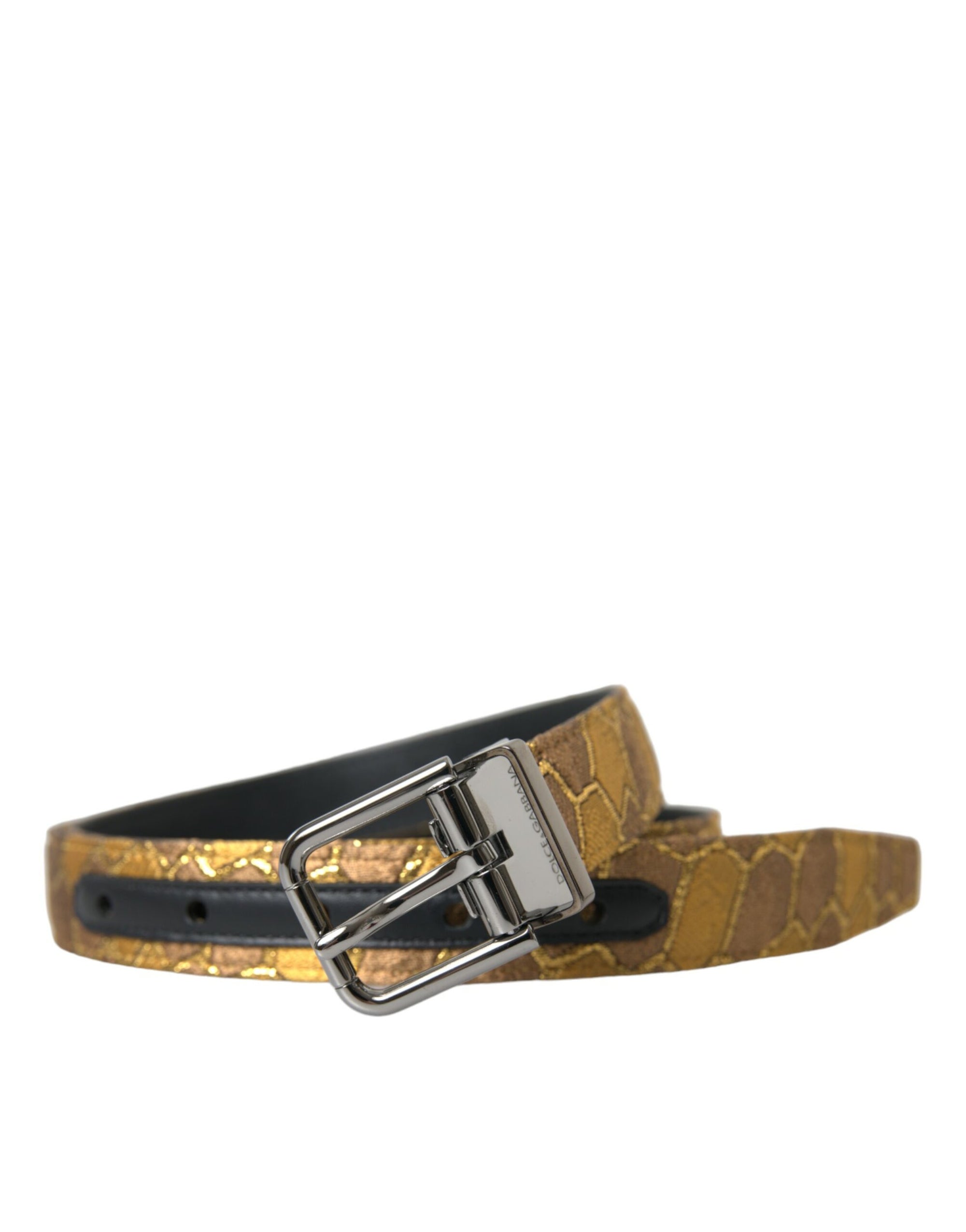 Dolce & Gabbana Gold Leather Jacquard Silver Metal Buckle Belt - Maison Luxe