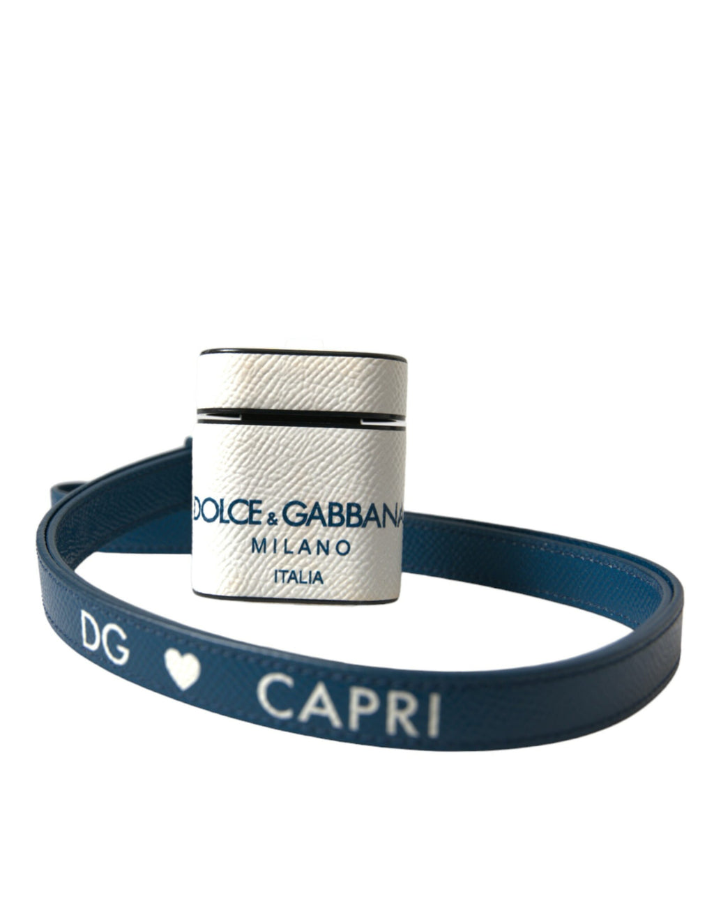 Dolce & Gabbana White Blue Calf Leather Logo Print Strap Airpods Case - Maison Luxe
