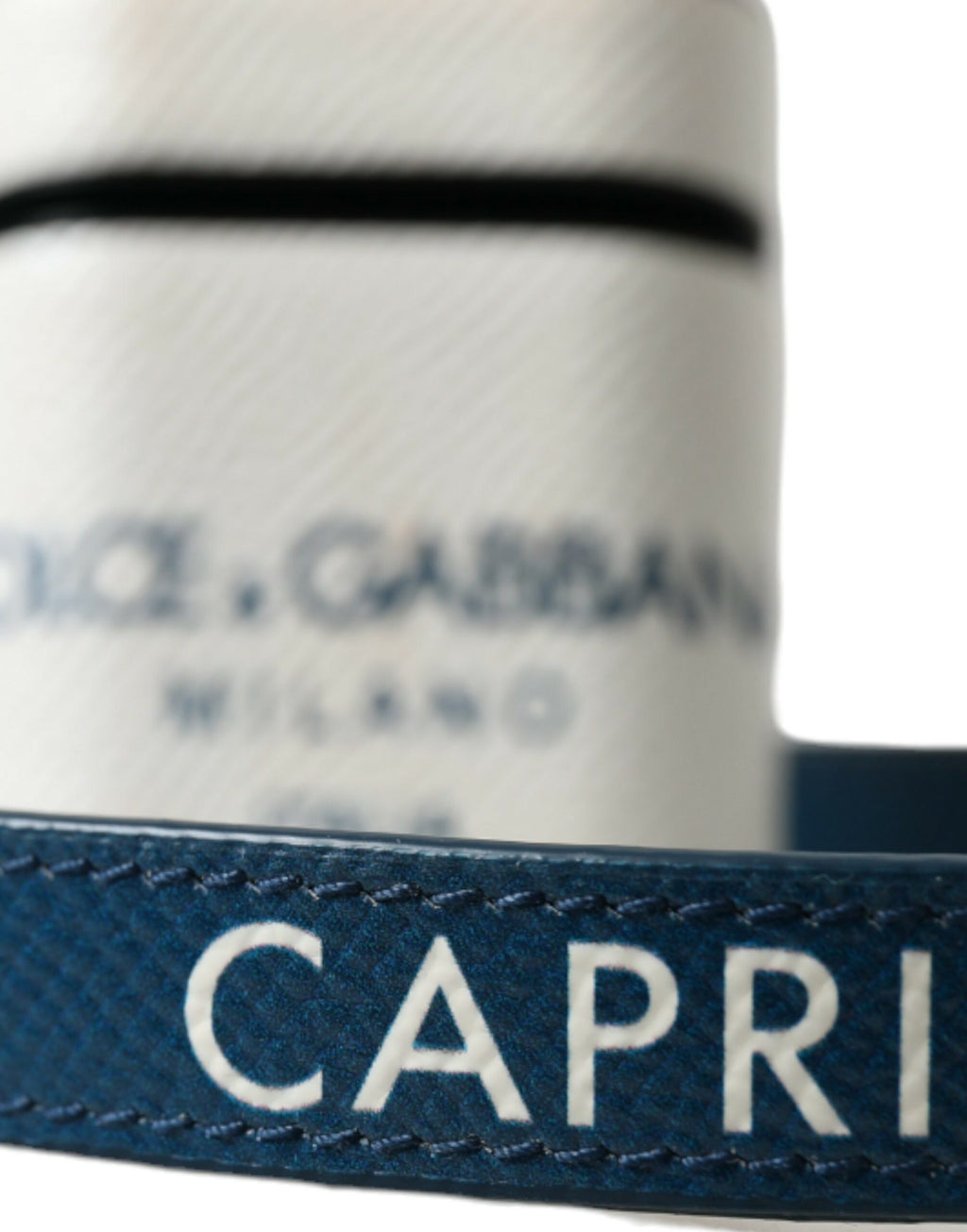 Dolce & Gabbana White Blue Calf Leather Logo Print Strap Airpods Case - Maison Luxe