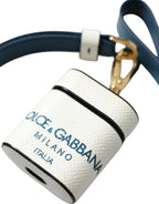 Dolce & Gabbana White Blue Calf Leather Logo Print Strap Airpods Case - Maison Luxe