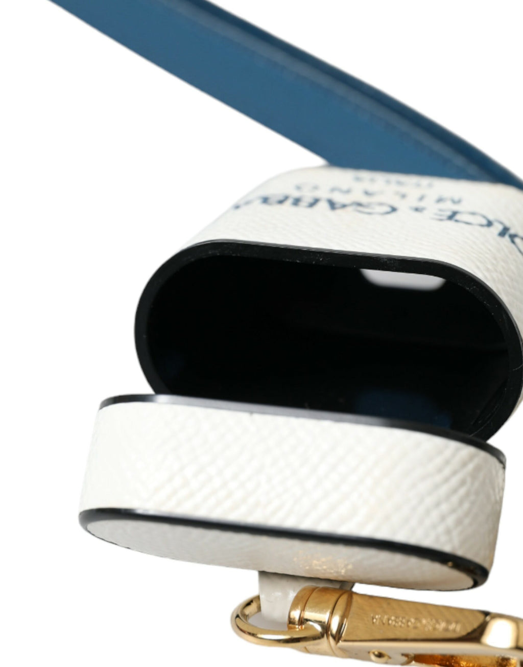 Dolce & Gabbana White Blue Calf Leather Logo Print Strap Airpods Case - Maison Luxe