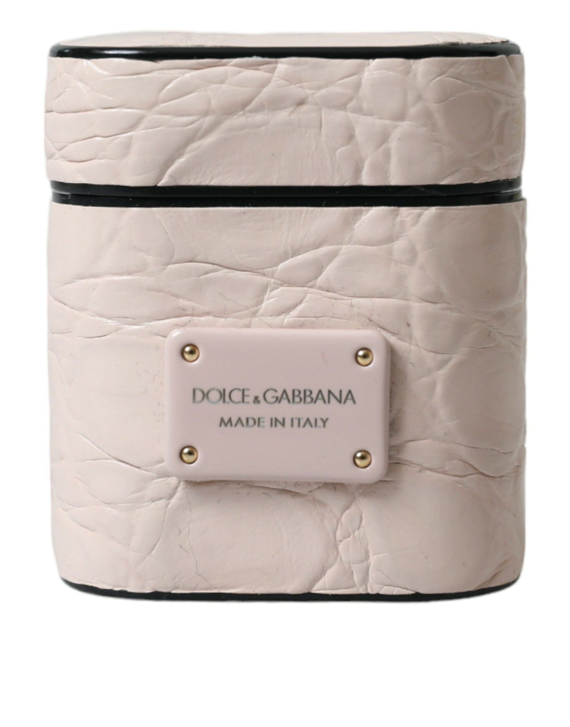 Dolce & Gabbana Light Pink Calf Leather Metal Logo Plaque Airpods Case - Maison Luxe