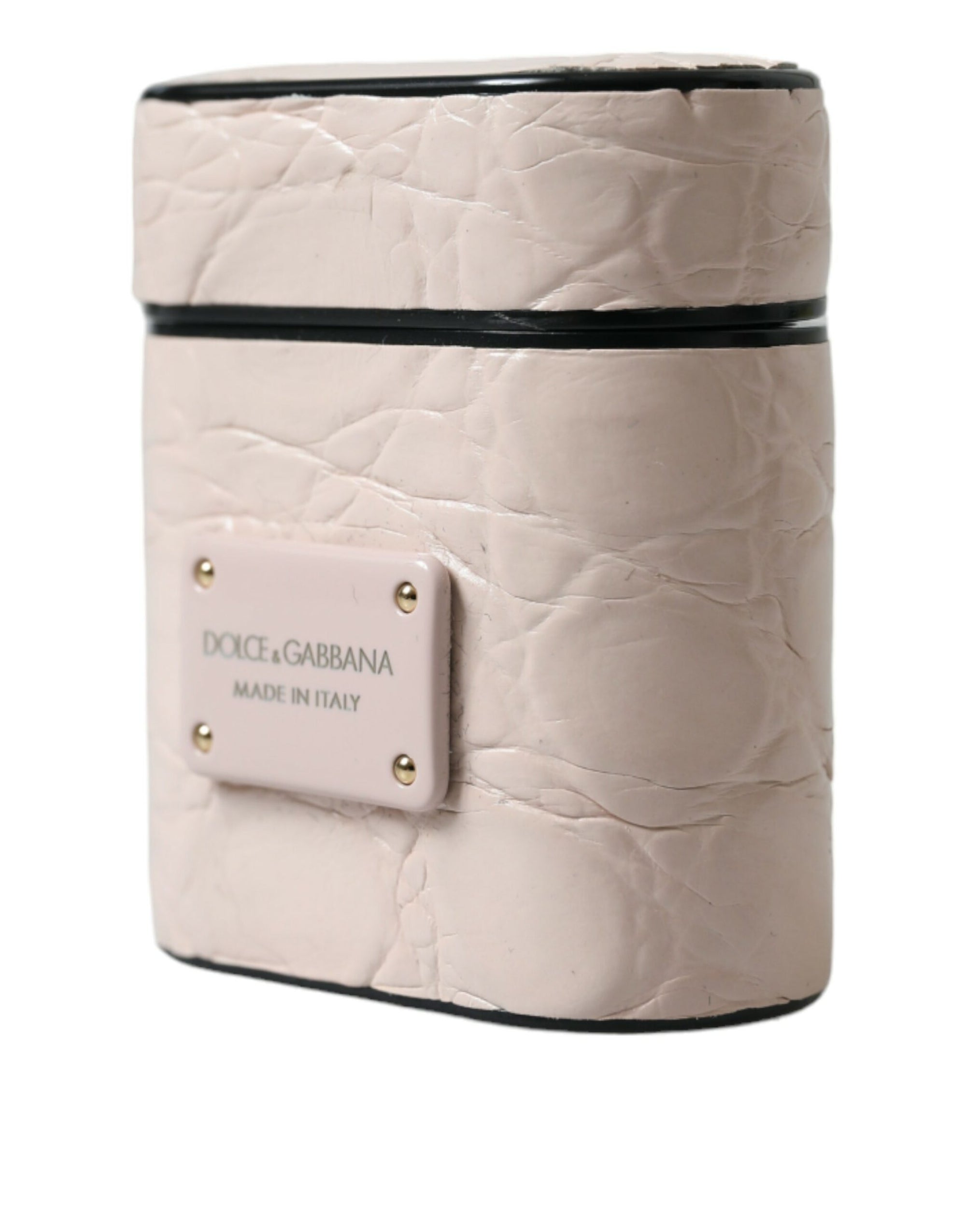 Dolce & Gabbana Light Pink Calf Leather Metal Logo Plaque Airpods Case - Maison Luxe