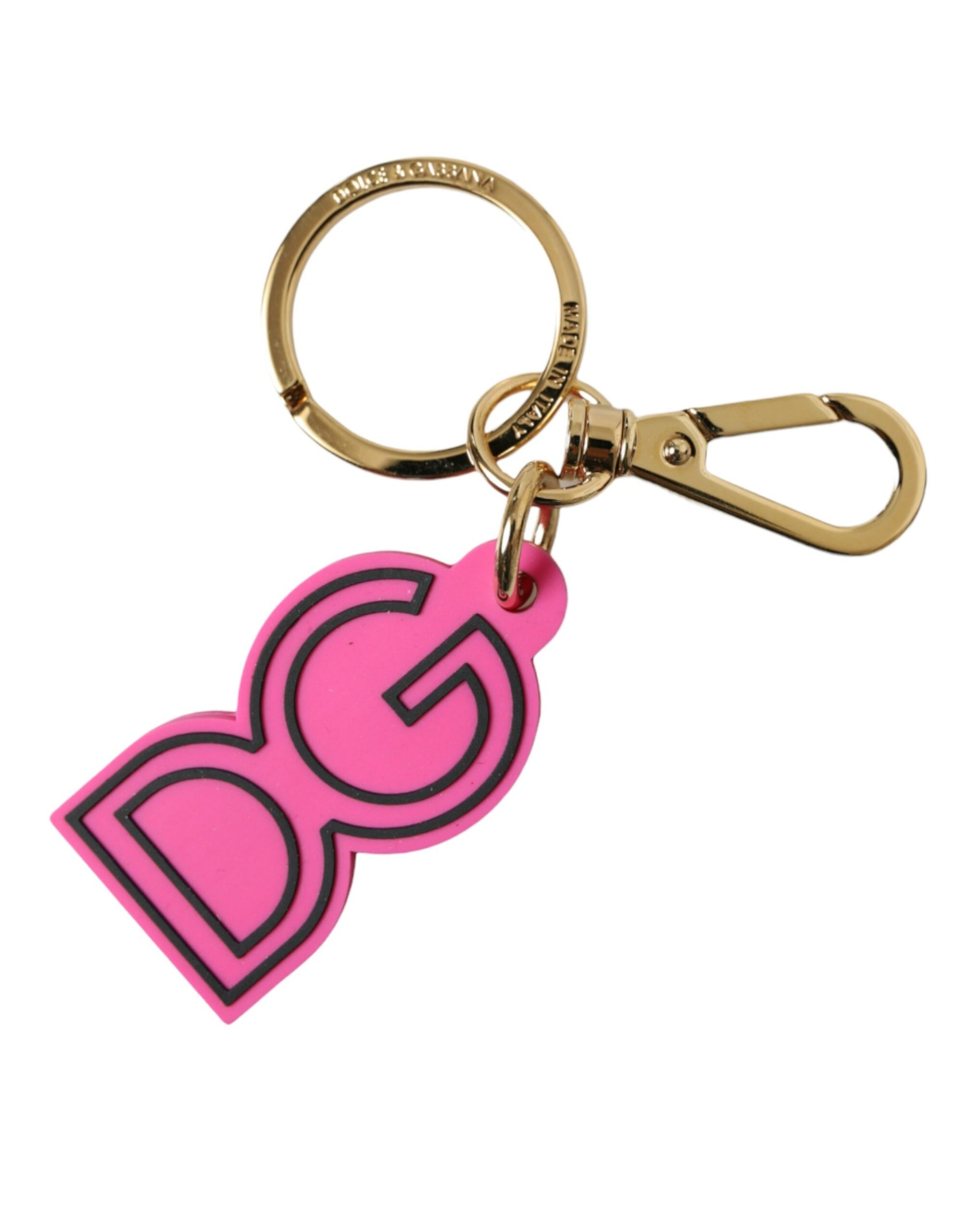 Dolce & Gabbana Pink Rubber Gold Tone Metal DG Logo Keyring Keychain - Maison Luxe