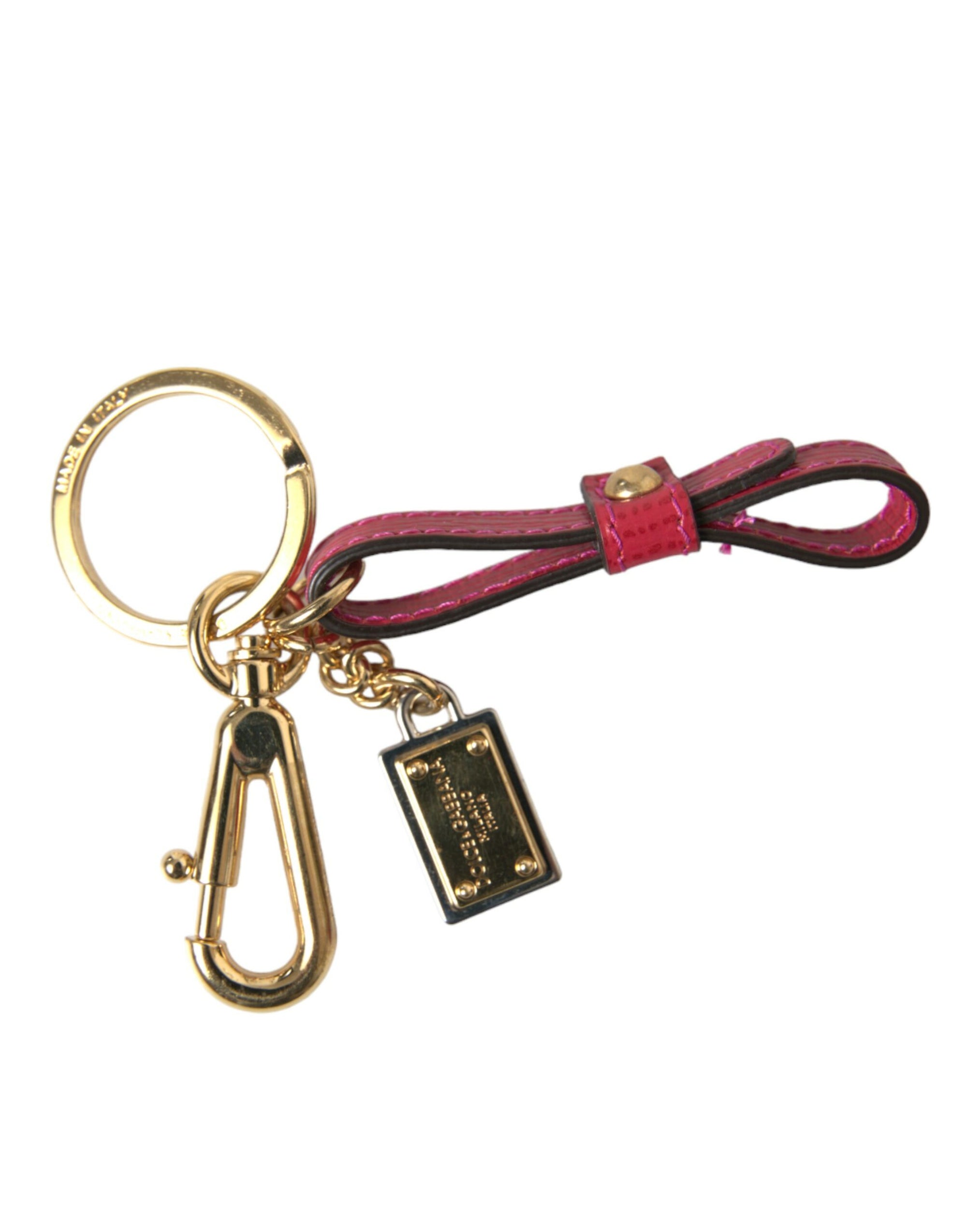 Dolce & Gabbana Red Calf Leather Gold Metal Logo Plaque Keyring Keychain - Maison Luxe
