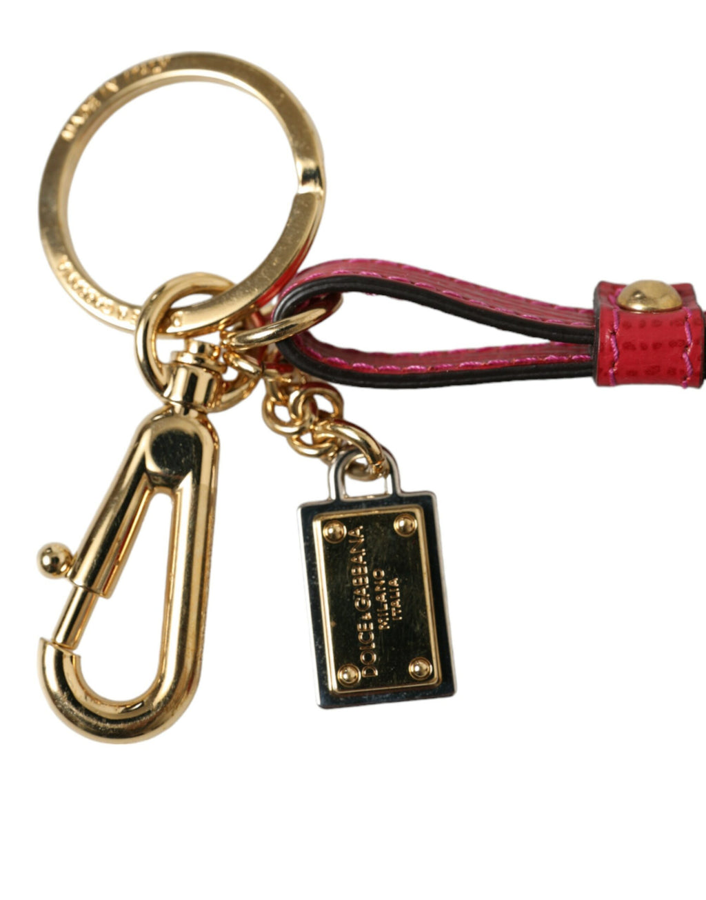 Dolce & Gabbana Red Calf Leather Gold Metal Logo Plaque Keyring Keychain - Maison Luxe