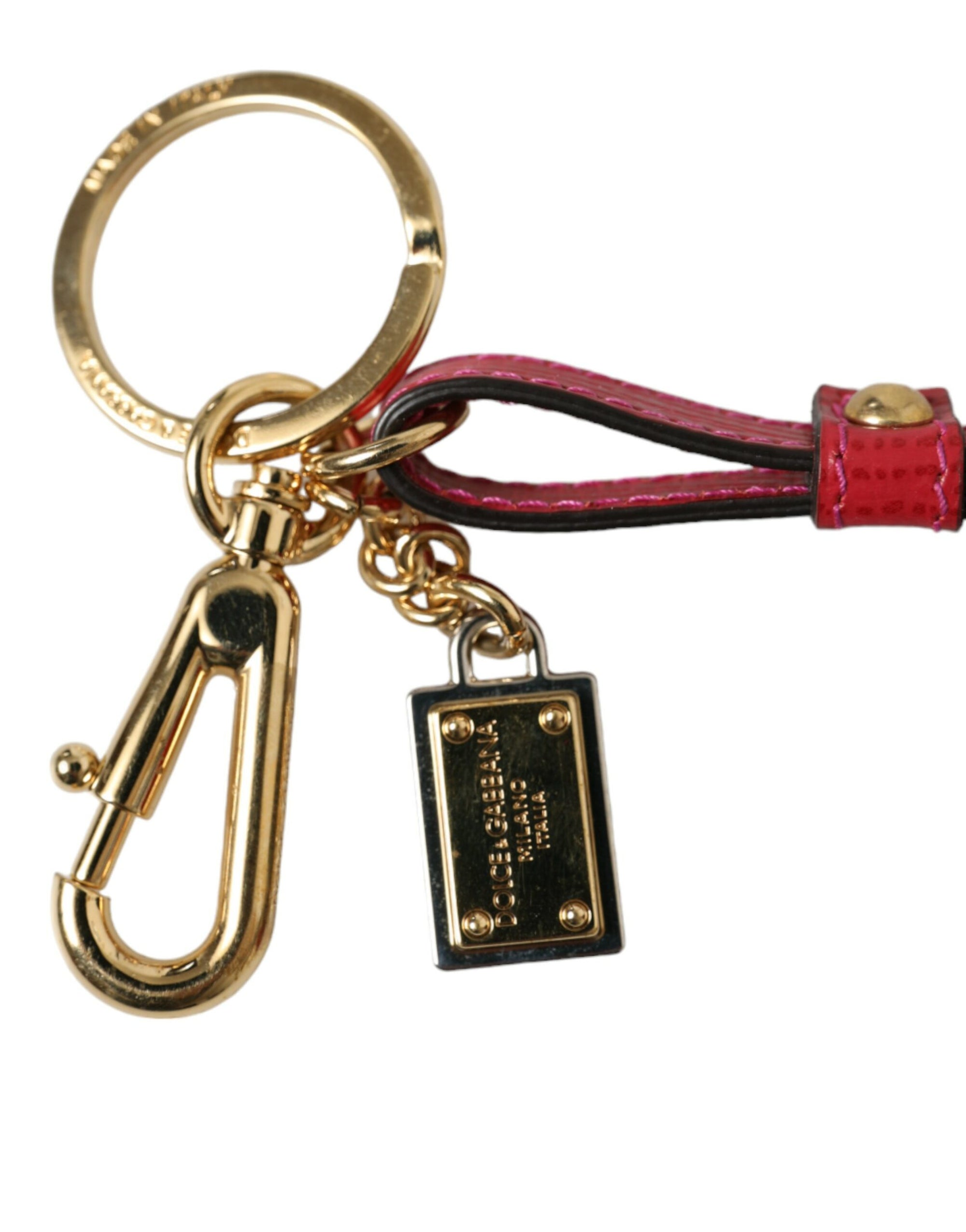 Dolce & Gabbana Red Calf Leather Gold Metal Logo Plaque Keyring Keychain - Maison Luxe