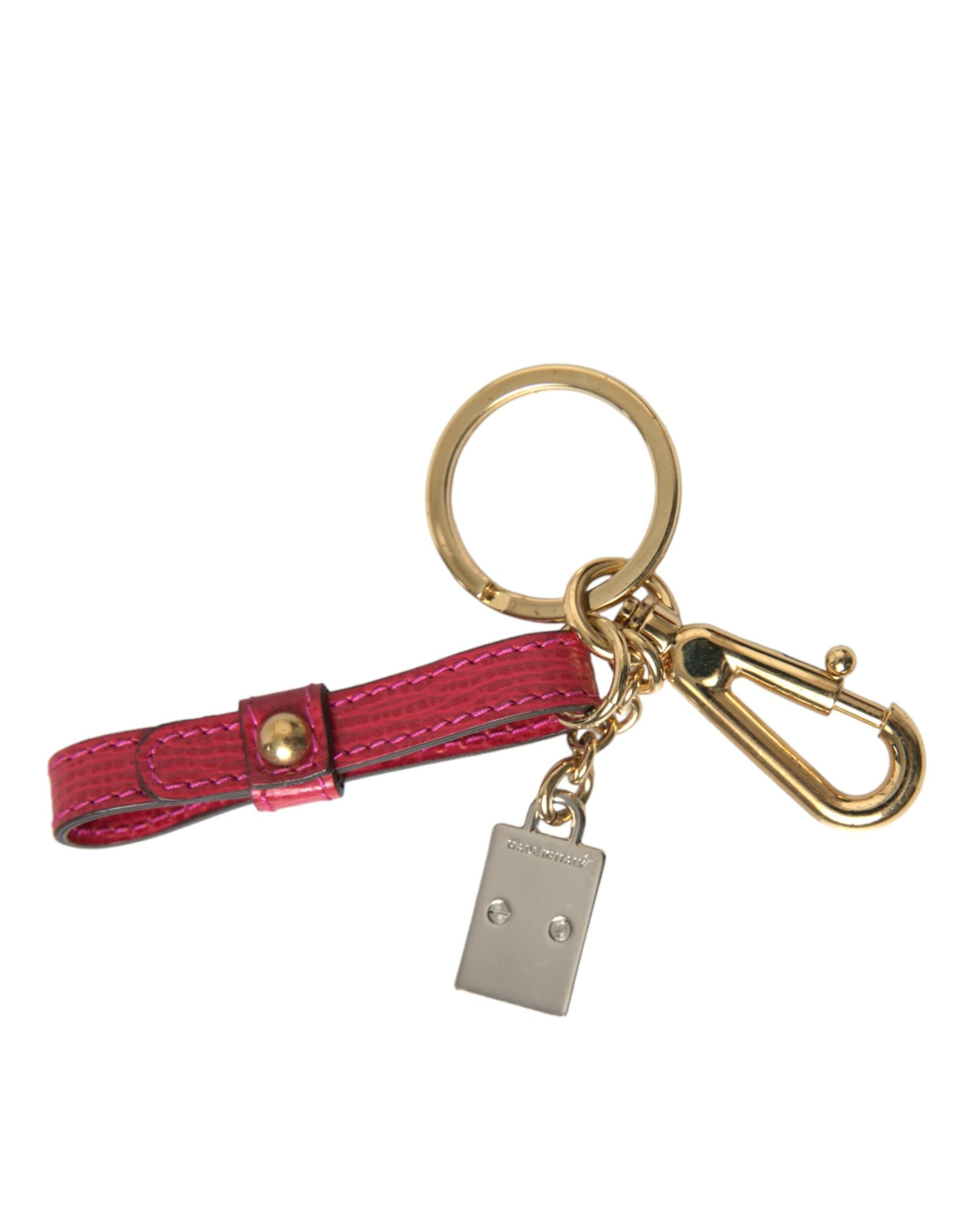 Dolce & Gabbana Red Calf Leather Gold Metal Logo Plaque Keyring Keychain - Maison Luxe