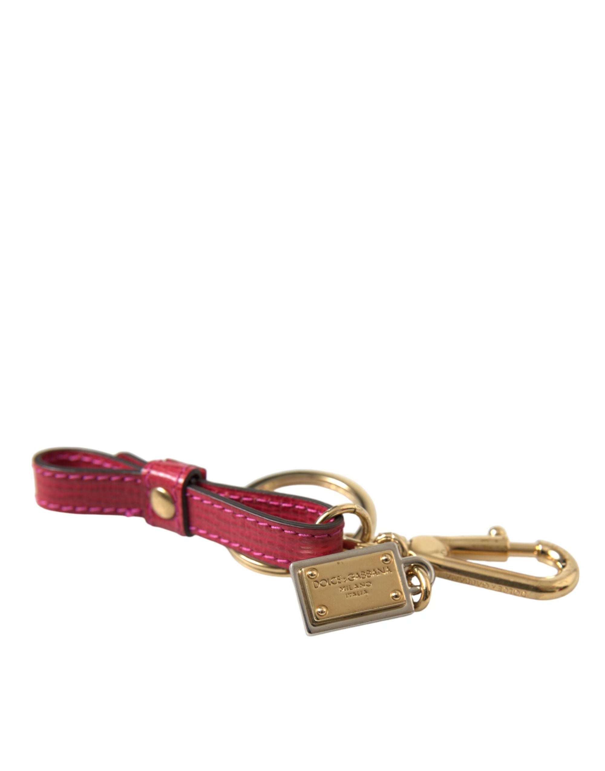 Dolce & Gabbana Red Calf Leather Gold Metal Logo Plaque Keyring Keychain - Maison Luxe