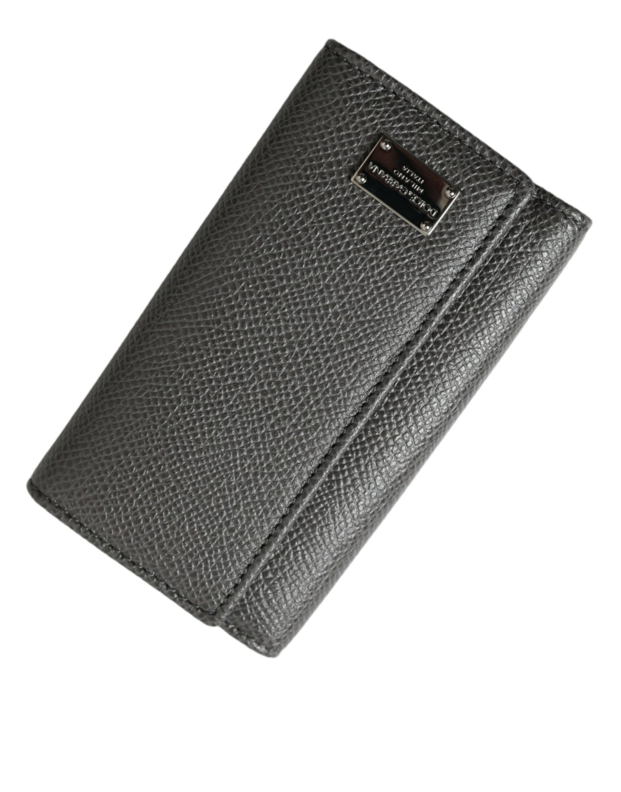 Dolce & Gabbana Gray Leather Silver Metal Logo Plaque Trifold Keyring - Maison Luxe